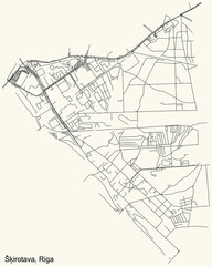 Black simple detailed street roads map on vintage beige background of the quarter Šķirotava neighbourhood of Riga, Latvia