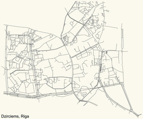 Black simple detailed street roads map on vintage beige background of the quarter Dzirciems neighbourhood of Riga, Latvia