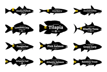 Set of vector fish labels isolated on a white background. Fish silhouettes collection