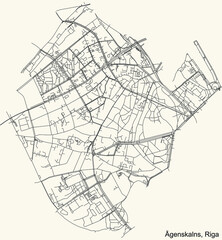 Black simple detailed street roads map on vintage beige background of the quarter Āgenskalns neighbourhood of Riga, Latvia