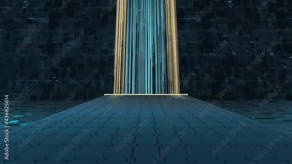 Poster glowing lines and cubes with black background, 3d rendering.