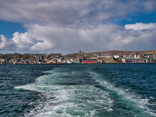 Across Bressay Sound, a view of Lerwick, the main town and port of the Shetland Islands, Scotland,...