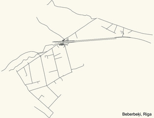 Black simple detailed street roads map on vintage beige background of the quarter Beberbeķi neighbourhood of Riga, Latvia