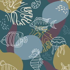 Naklejka premium Seamless marine pattern with corals and fish. Trendy design for wallpaper, textile design, packing, fabric. Modern vibrant background. 