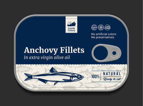 Canned anchovy label template, vector fish tin can with label cover, packaging design concept