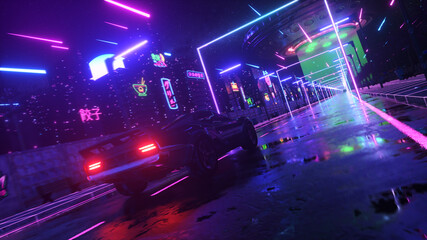 Car and city in neon style. 80s retro wave background 3d illustration. Retro futuristic car drive through neon city.