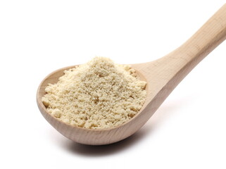 Fototapeta na wymiar Organic sesame protein powder in wooden spoon, supplement isolated on white background