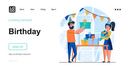 Birthday web concept. Couple celebrating holiday party, many gift boxes and festive decoration. Template of people scenes. Vector illustration with character activities in flat design for website