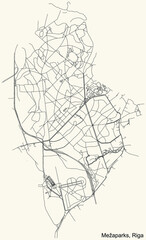 Black simple detailed street roads map on vintage beige background of the quarter Mežaparks neighbourhood of Riga, Latvia