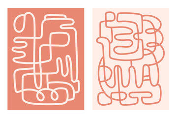 Mid century modern minimalist art print. Abstract contemporary aesthetic backgrounds set. Earth tones, terracotta colors. Continuous one line doodles drawing. © Mystery Kit