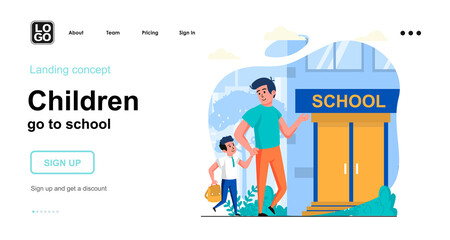 Children go to school web concept. Father takes his son to school in morning. Pupil goes to lesson. Template of people scenes. Vector illustration with character activities in flat design for website