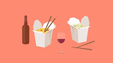 Vector Isolated Illustration of Chinese Food Take Away, with Wine and Beer