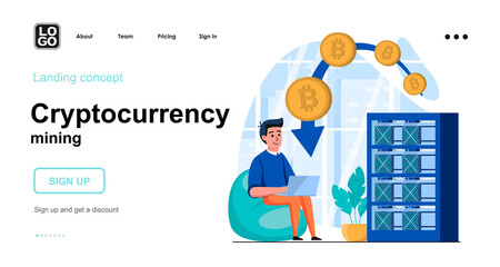 Cryptocurrency mining web concept. Businessman working on mining farm, profit growth, bitcoin tech. Template of people scenes. Vector illustration with character activities in flat design for website