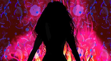 silhouette of a woman with disturbed hair having anger in red flames	