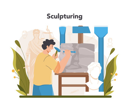 Sculptor concept. Creating sculpture of the marble, wood and clay.