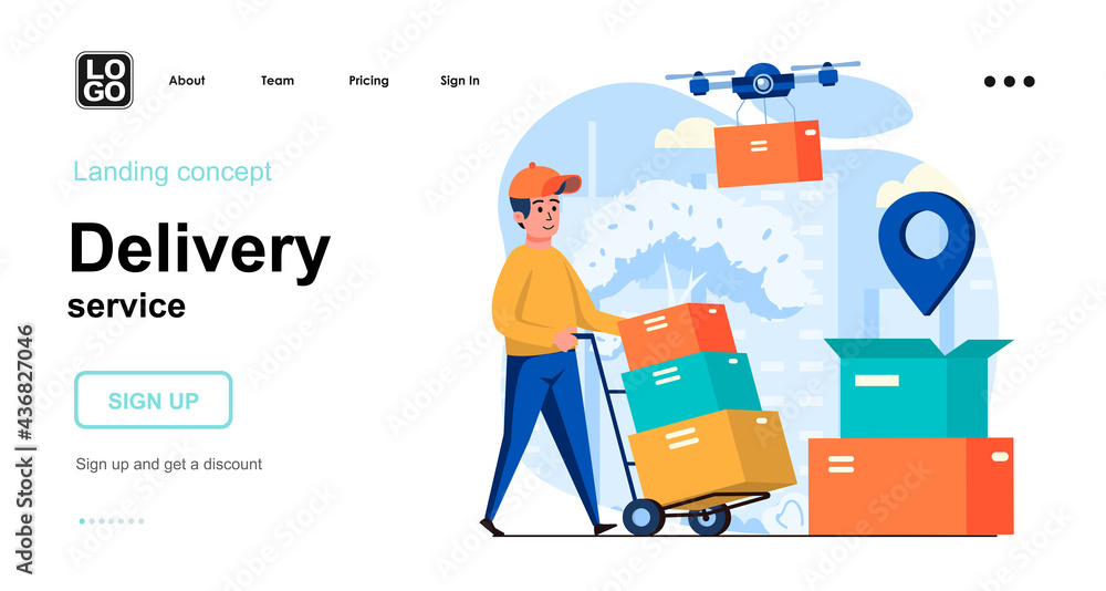 Leinwandbilder delivery service web concept. drone delivers parcel, warehouse worker transports boxes with orders. 