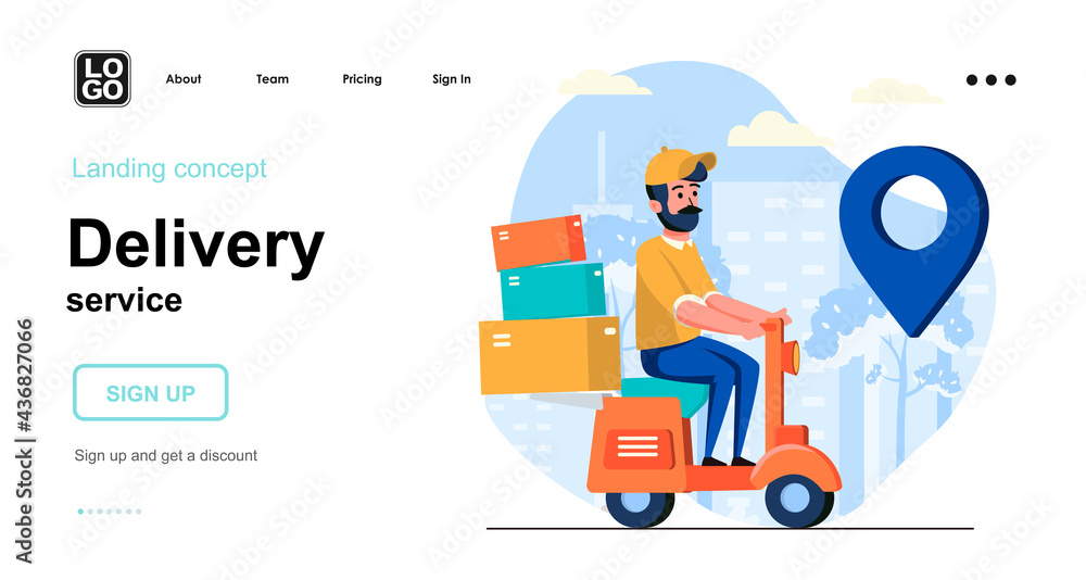 Poster delivery service web concept. courier delivers parcels rides scooter to clients, tracking location. 