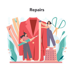 Tailor concept. Fashion designer sewing or fitting clothes. Dressmaker