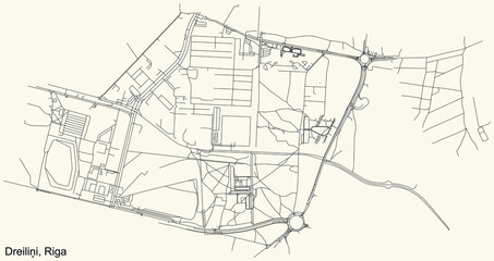 Black simple detailed street roads map on vintage beige background of the quarter Dreiliņi neighbourhood of Riga, Latvia