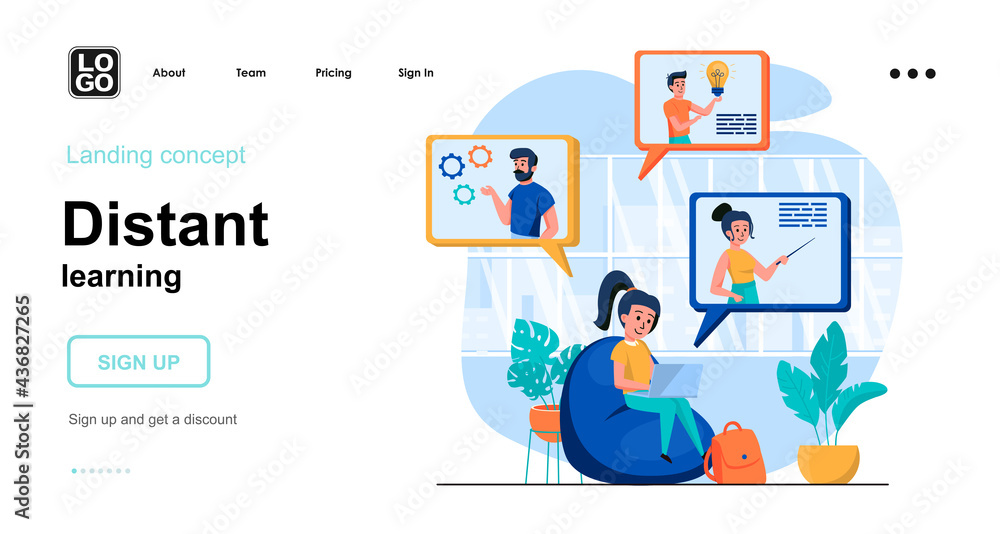 Aufkleber Distant learning web concept. Students study online, watch webinars and training videos, e-learning. Template of people scenes. Vector illustration with character activities in flat design for website