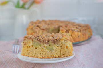 Home made Sweet Rhubarb cake with fresh rhubarb and cinnamon streusel