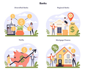 Banking industry sector of the economy set. Idea of financial transactions