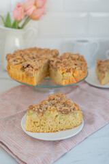 Home made Sweet Rhubarb cake with fresh rhubarb and cinnamon streusel