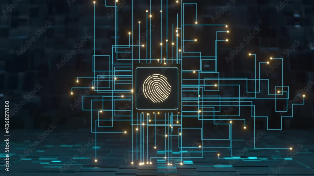Poster circuit lines and chip with black background, 3d rendering.