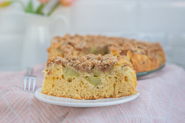 Home made Sweet Rhubarb cake with fresh rhubarb and cinnamon streusel