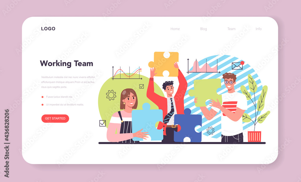 Poster collaboration web banner or landing page. office characters working
