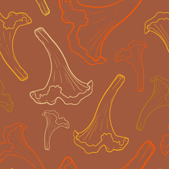 Fototapeta na wymiar Seamless pattern of chanterelle mushrooms on an orange background. Forest, mushroom print for textiles in doodle style. Vector illustration.