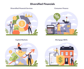Fototapeta na wymiar Diversified financial industry set. Financial company providing financial