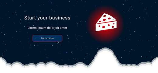 Business startup concept Landing page screen. The cheese symbol on the right is highlighted in bright red. Vector illustration on dark blue background with stars and curly clouds from below