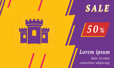 Sale promotion banner with place for your text. On the left is the castle symbol. Promotional text with discount percentage on the right side. Vector illustration on yellow background