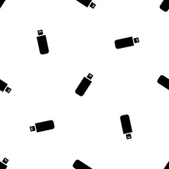 Seamless pattern of repeated black flash drives. Elements are evenly spaced and some are rotated. Vector illustration on white background