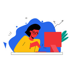 Fototapeta premium Young woman freelancer works remotely from her apartment. Girl working on laptop. Freelance or studying concept. Cute illustration in flat style.