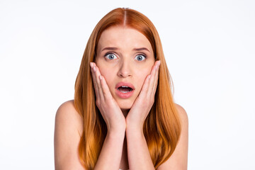 Photo of impressed sad ginger hairdo lady hands cheeks isolated on bright color background