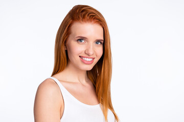 Photo of young attractive girl happy positive toothy smile confident red hair isolated over grey...