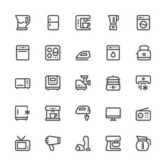 Household Appliances, Domestic Electric Appliance. Coffee Machine, Meat Grinder, Fridge. Simple Interface Icons for Web and Mobile Apps. Editable Stroke. 32x32 Pixel Perfect.