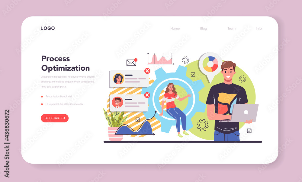 Poster process optimization web banner or landing page. idea of business