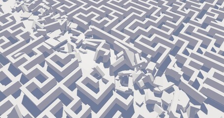 White maze with a ruined passage through it 3d illustration