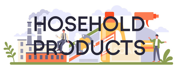 Household products typographic header. Washing supplies and cleaning