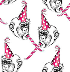 Seamless pattern. Monkey in a pink polka dot party hat and with a funny party whistle blowing. Humor textile composition, hand drawn style print. Vector illustration.