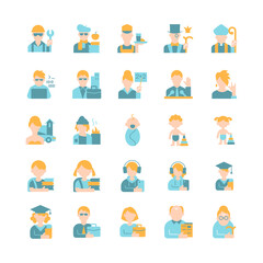 Different people avatars vector flat color icon set. Age and gender groups. Social status, work and labor. Person avatar. Cartoon style clip art for mobile app pack. Isolated RGB illustration bundle
