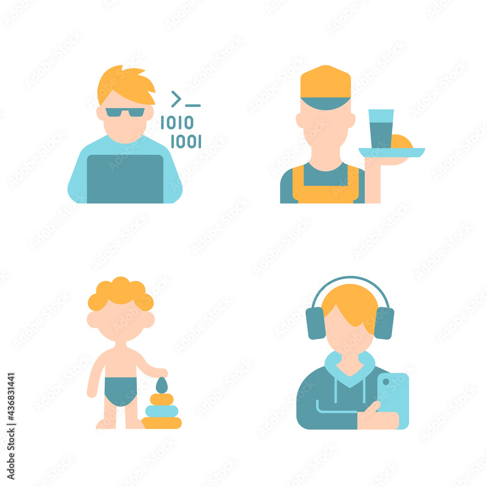 Poster different ages of man vector flat color icon set. programmer, computer expert. working poor. toddler