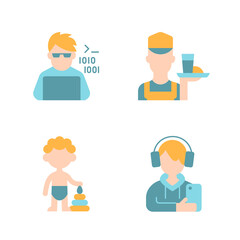 Different ages of man vector flat color icon set. Programmer, computer expert. Working poor. Toddler boy. Person avatar. Cartoon style clip art for mobile app pack. Isolated RGB illustration bundle