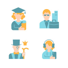 Society classes vector flat color icon set. Graduate student. White collar worker. Aristocratic elite. Person avatar. Cartoon style clip art for mobile app pack. Isolated RGB illustration bundle