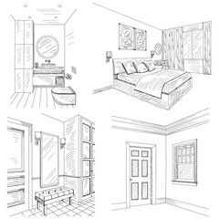 set of interior bedroom, hallway, bathroom, sketch vector