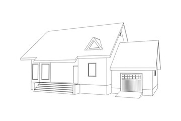 Building perspective 3D. Drawing of the suburban house. Outlines cottage on white background. House 3D model perspective vector. Cottage blueprint. EPS 10. 