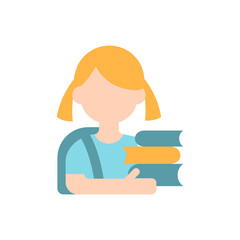 Schoolgirl vector flat color icon. Girl with books. School child. Elementary education. Relationship skills improvement. Person avatar. Cartoon style clip art for mobile app. Isolated RGB illustration